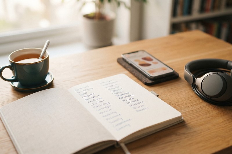 A study desk with a notebook and headphones