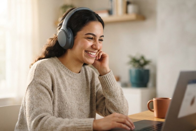 A learner smiling during an online session