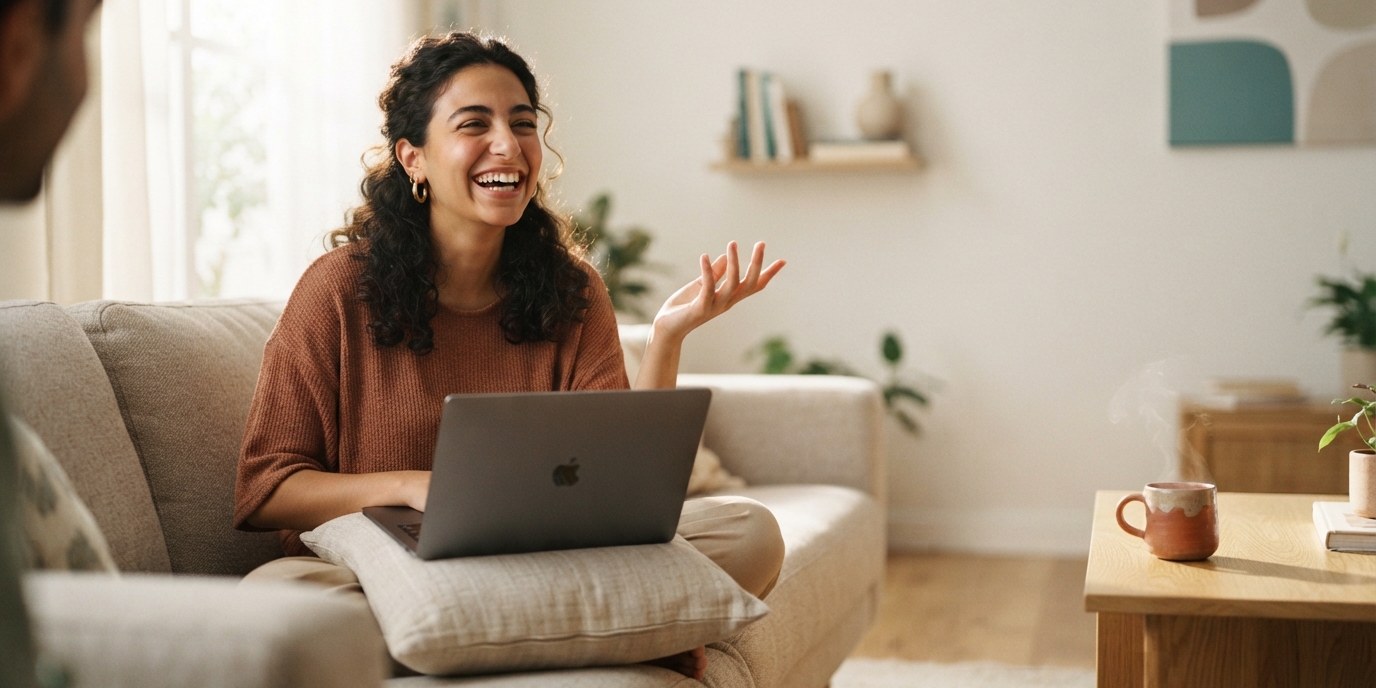 A learner talking during an online conversation session